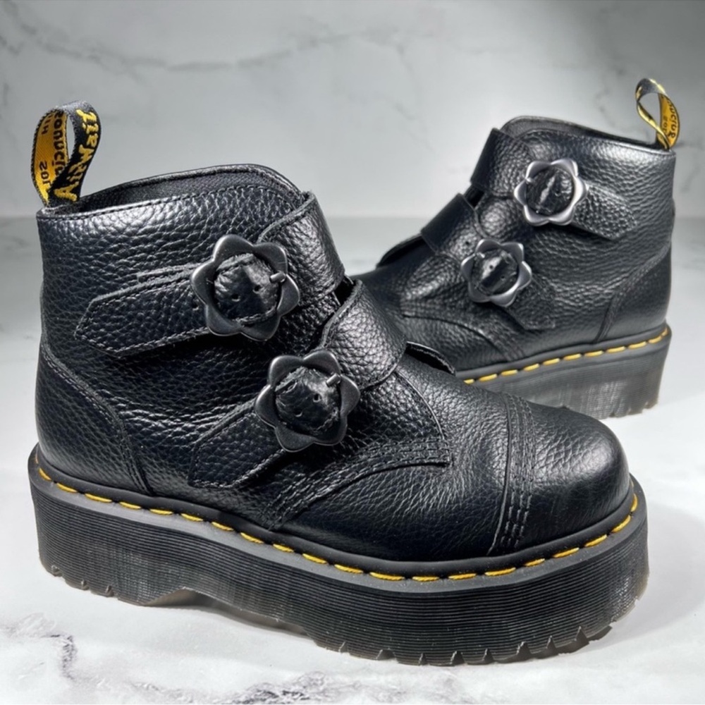 Dr Martens Devon Flower Milled Nappa Black Leather Platform Combat Boots